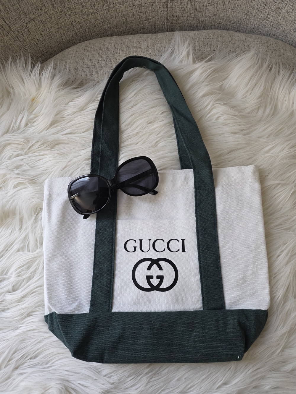 White and Dark Green Canvas Tote Bag